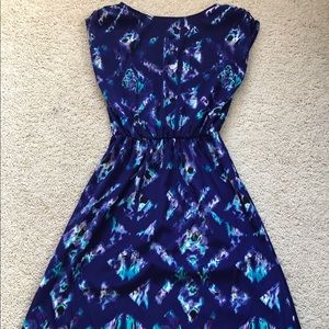 Indigo fit and flare dress with abstract pattern